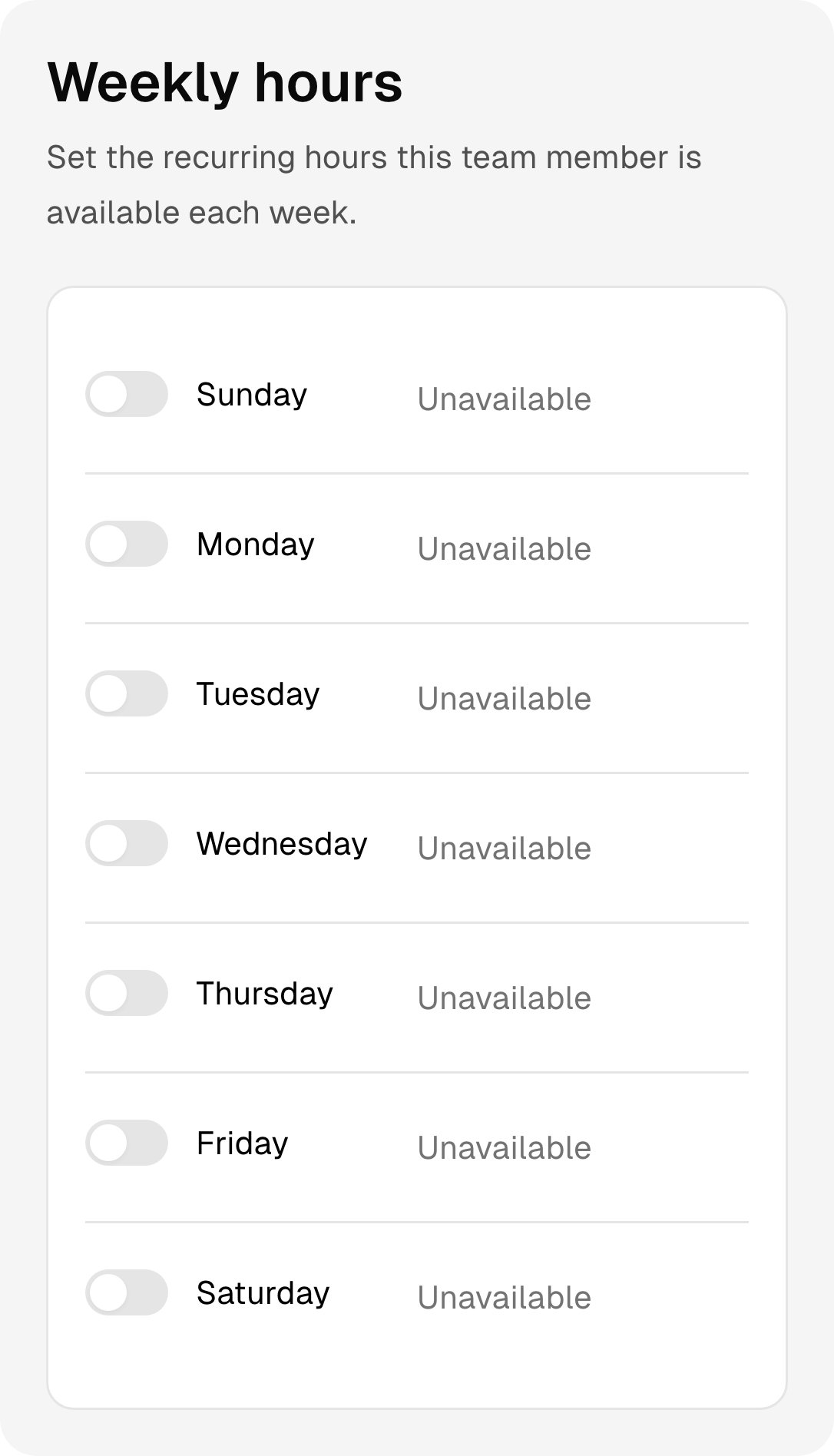 Recurring weekly working hours and days off for the acupuncture team.