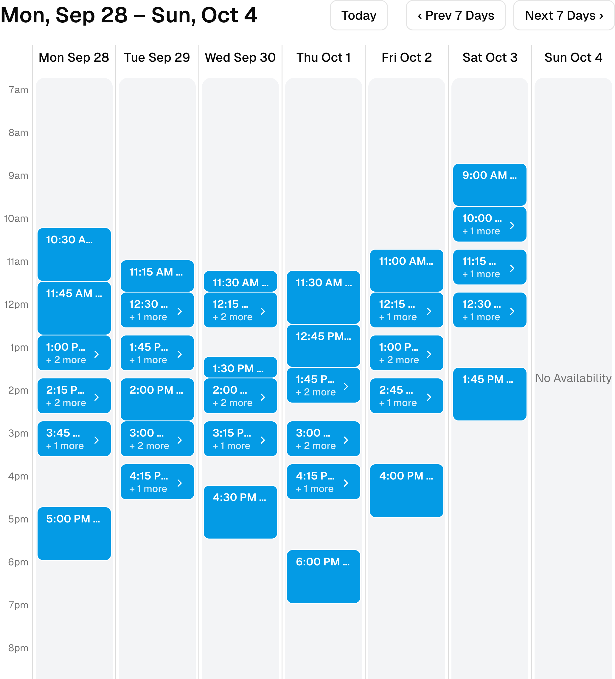 A full week of available acupuncture appointments in the real booking calendar.