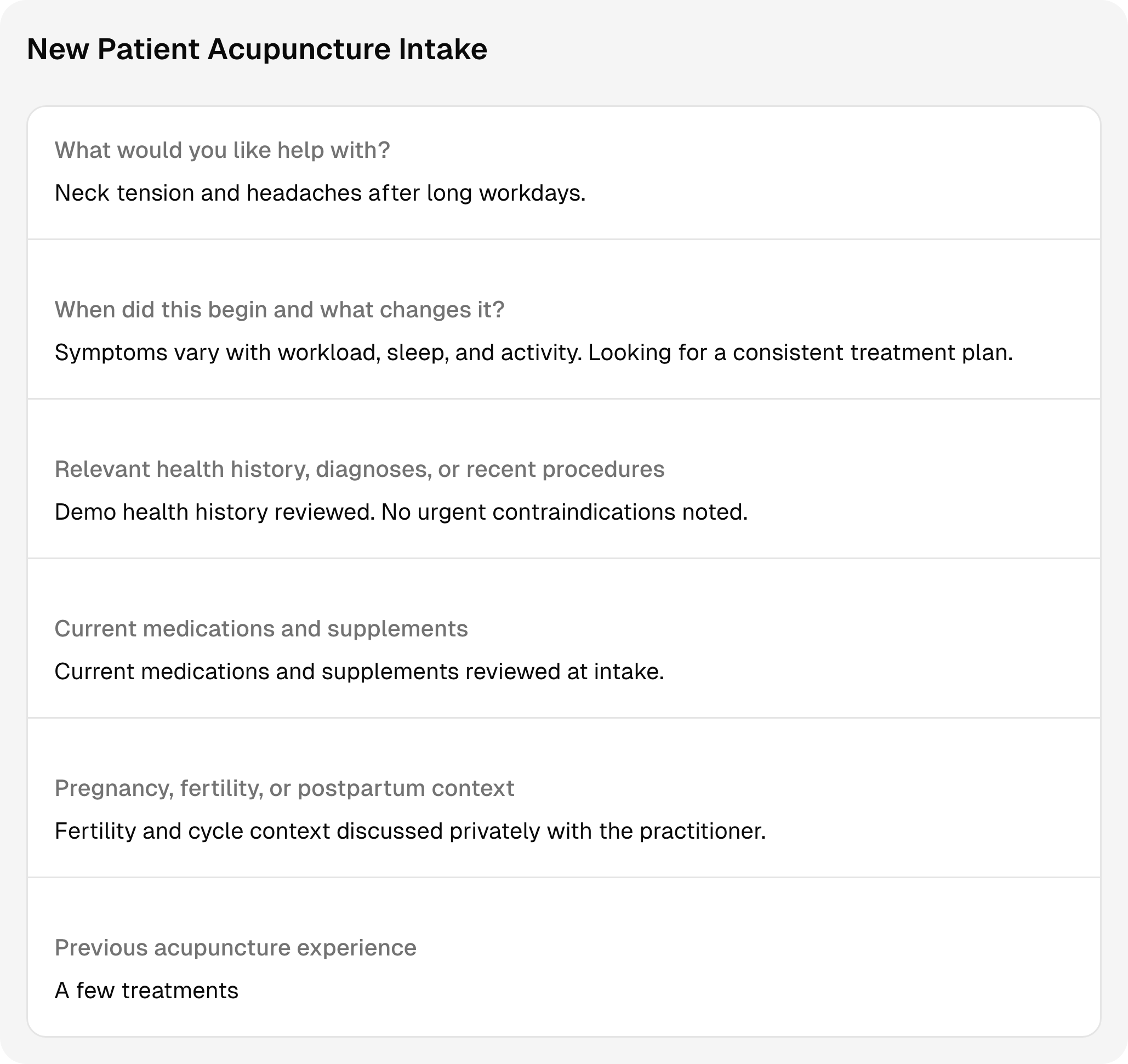Completed acupuncture intake questions and answers using sample client information.