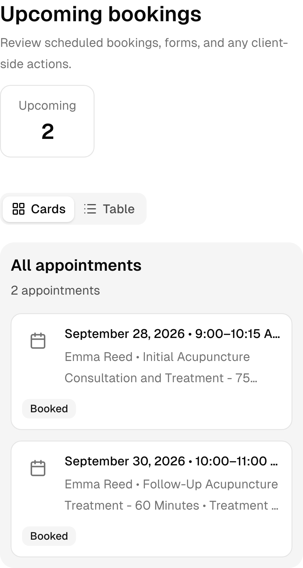 Upcoming acupuncture bookings in the real mobile client portal.