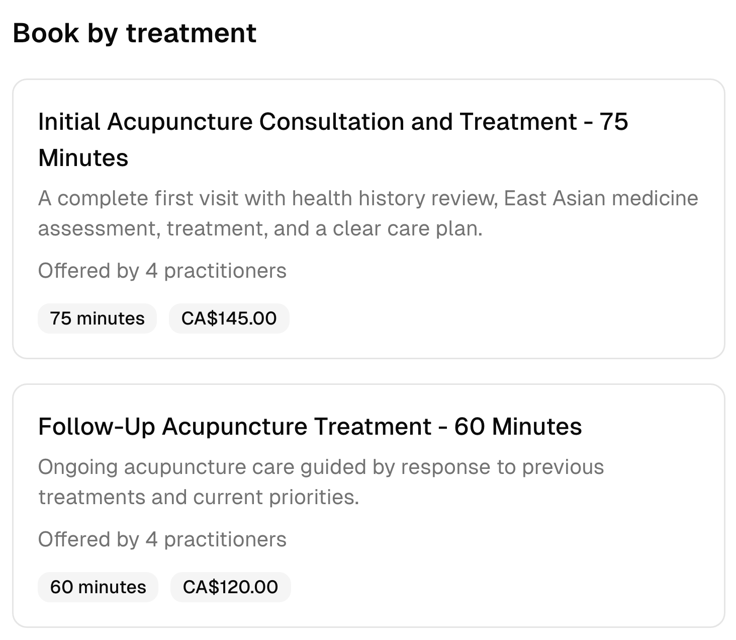 Two acupuncture booking options with their descriptions, duration, team, and prices.
