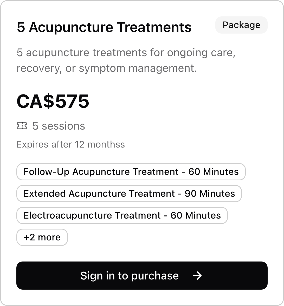 A acupuncture credit package with price, included services, and purchase link.