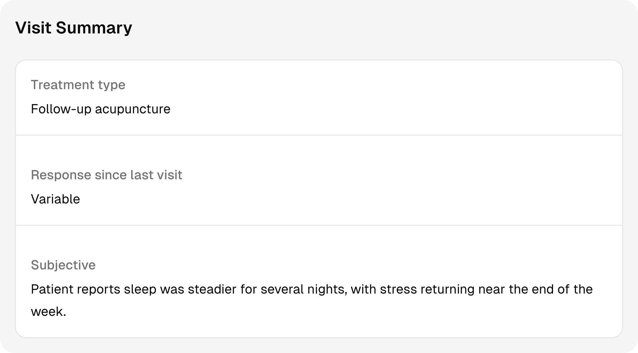 A completed acupuncture session record with sample notes and follow-up context.