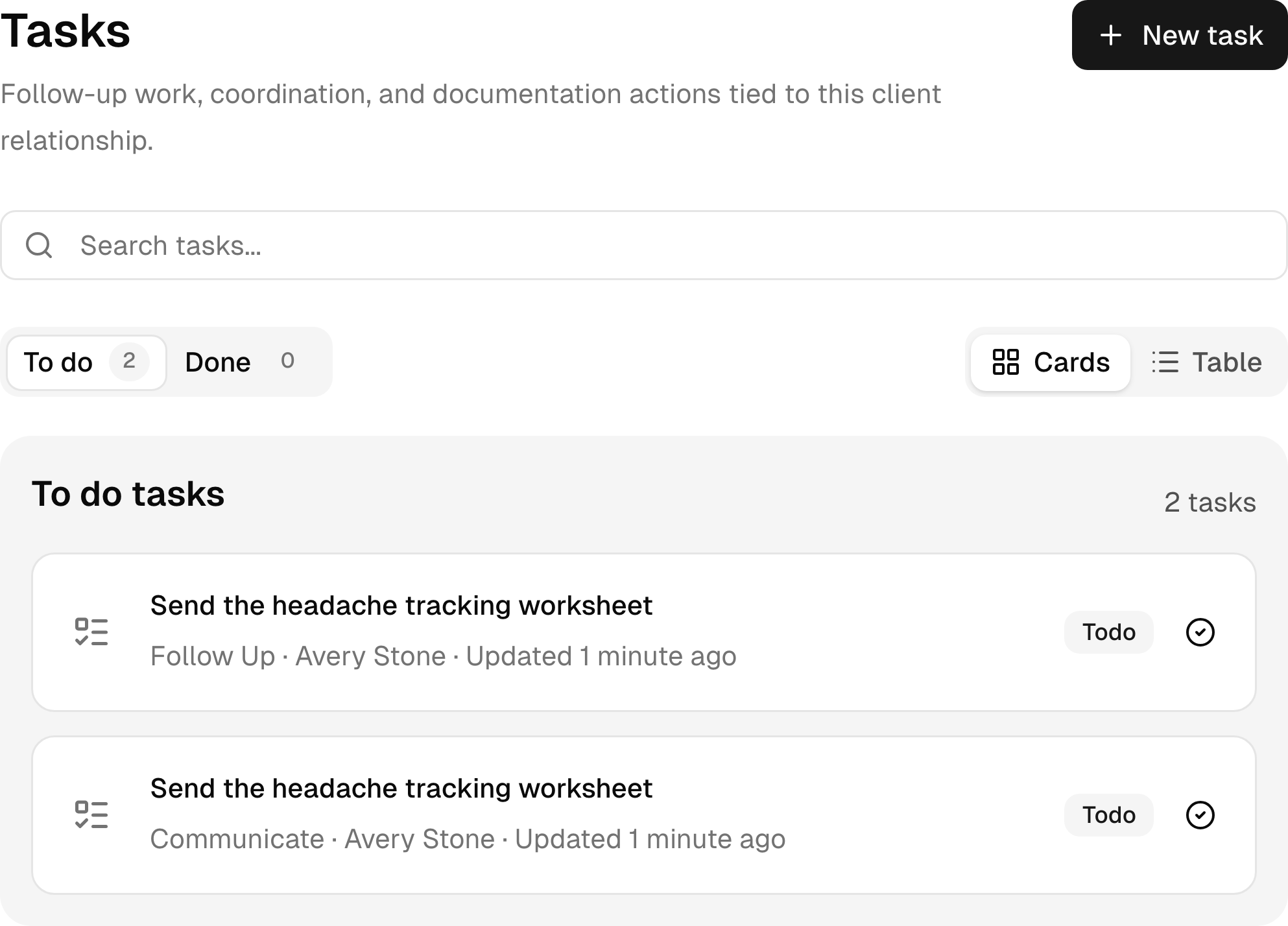 Follow-up tasks connected to a sample acupuncture client.