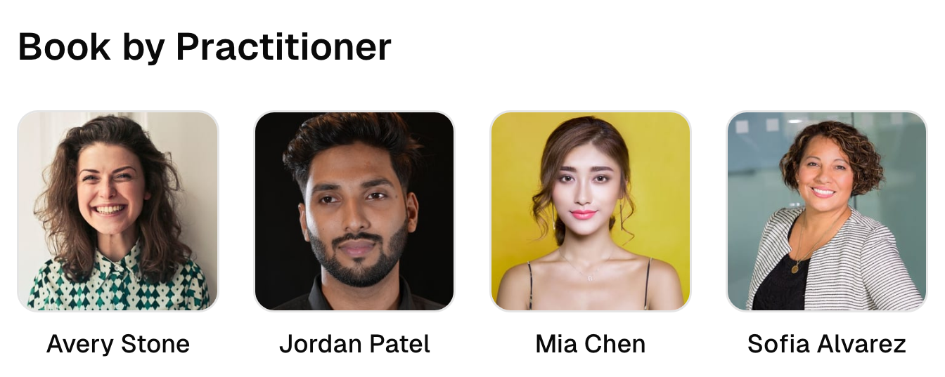 Four team profiles on the acupuncture booking page.