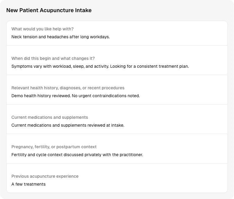 Completed new patient acupuncture intake with symptoms, medications, health history, and treatment context.