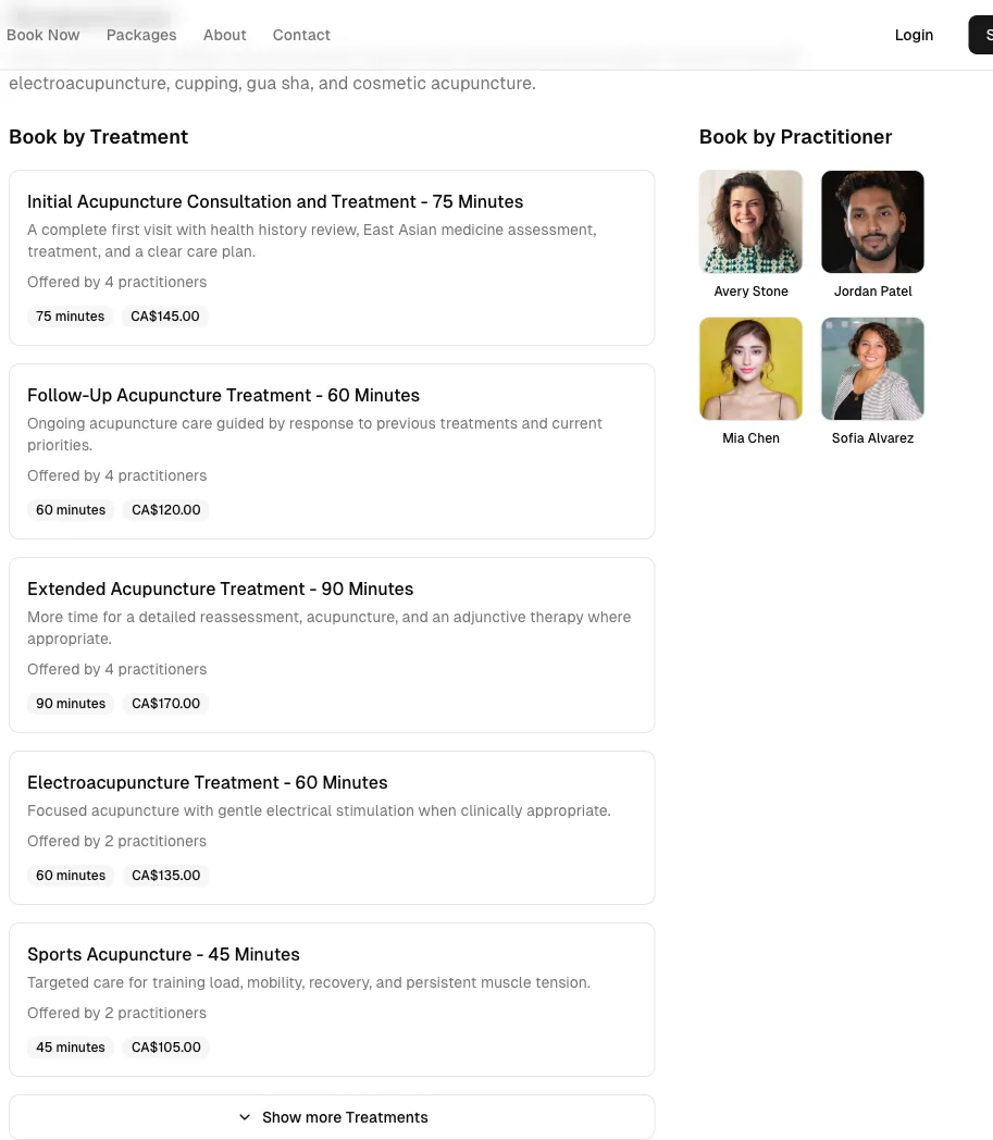 Public acupuncture booking page with treatment descriptions, prices, durations, and practitioner photos.