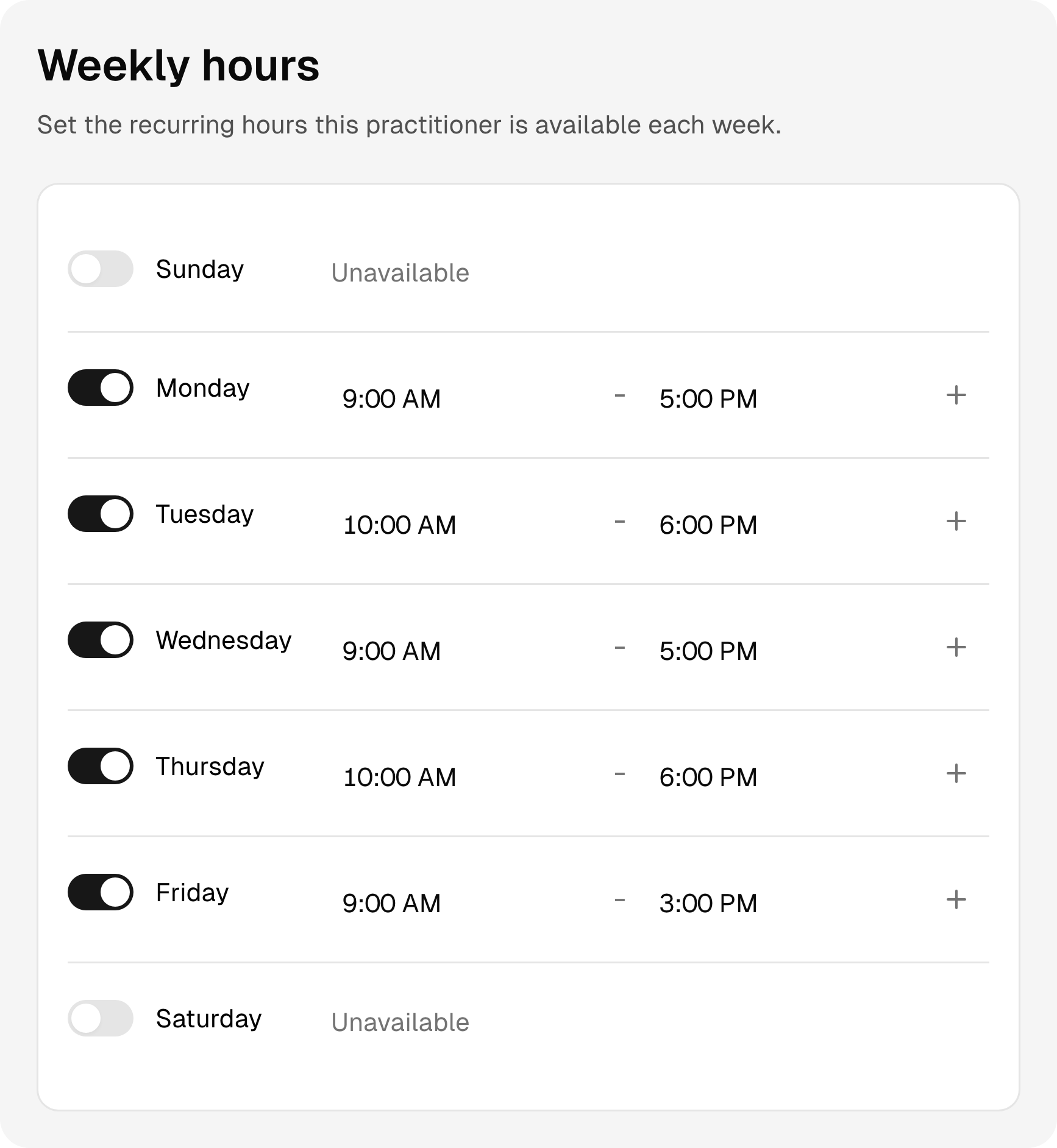 Recurring weekly working hours and days off for the alternative therapy team.