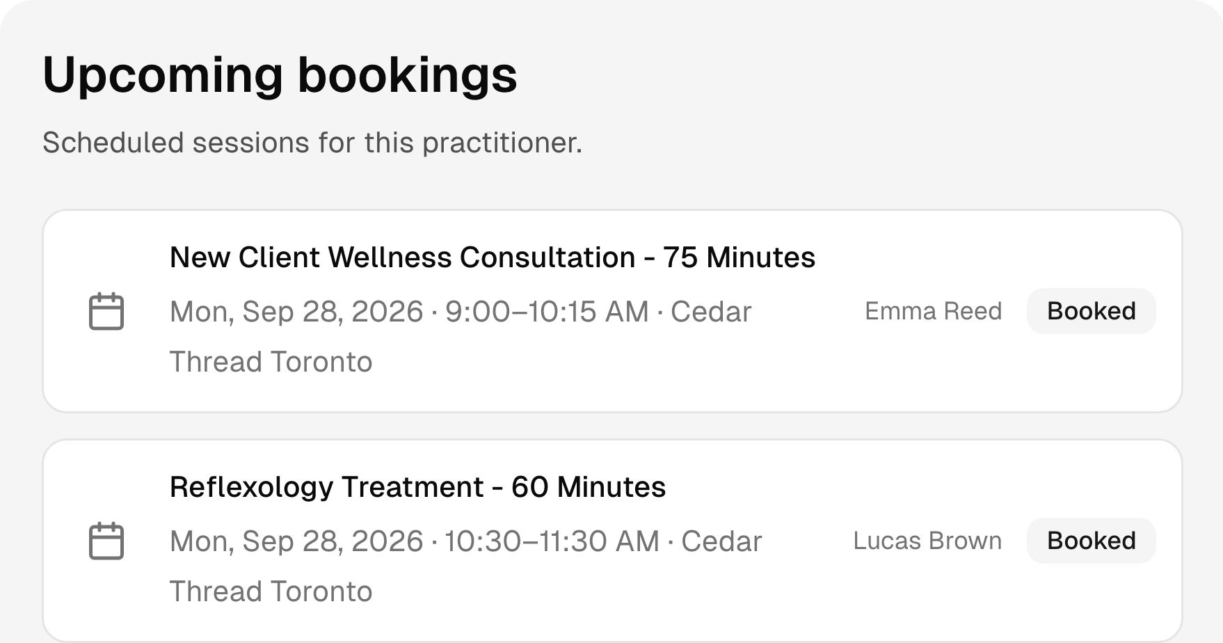 Upcoming alternative therapy bookings with services, times, and status.