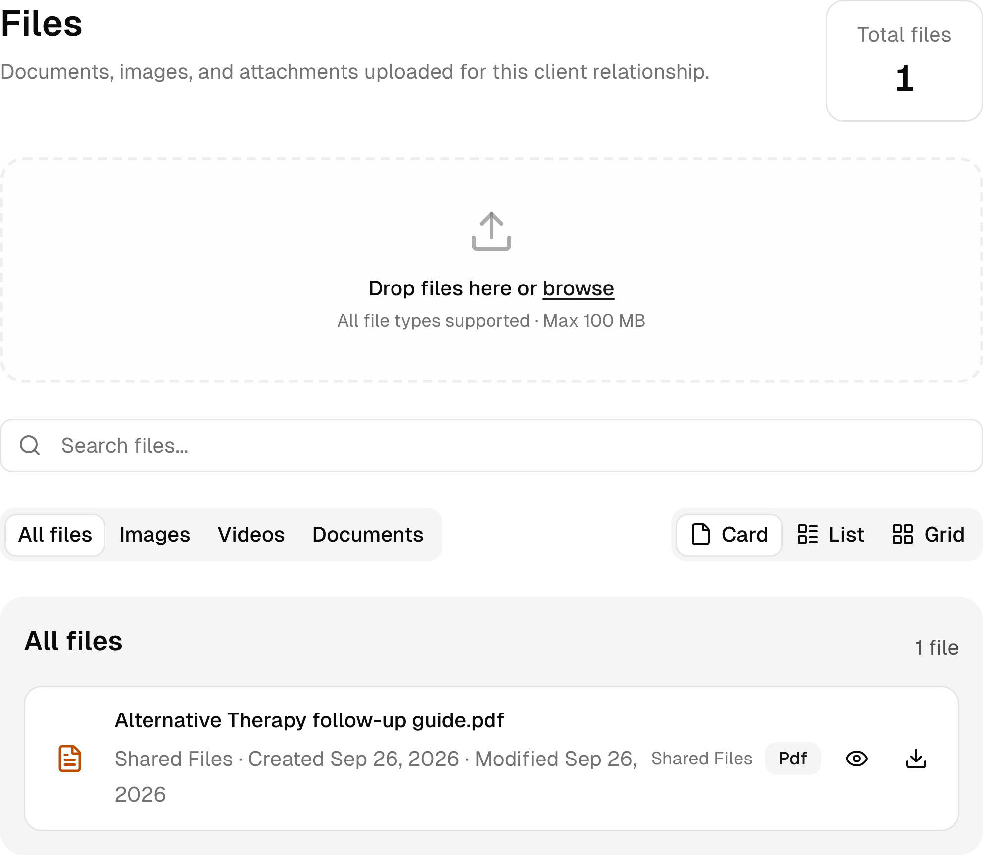 Documents and shared files in a sample alternative therapy client workspace.