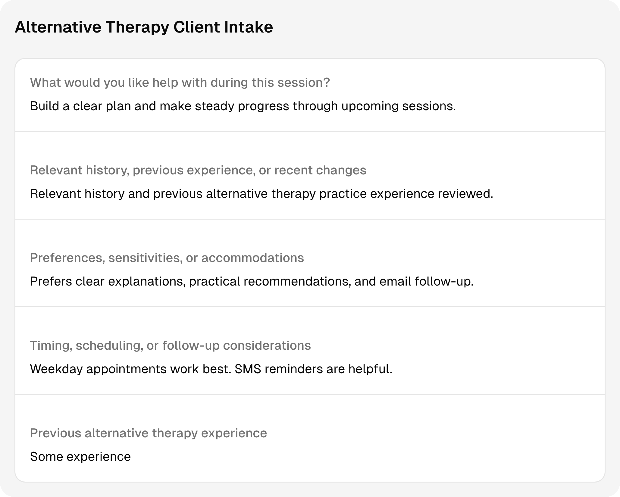Completed alternative therapy intake questions and answers using sample client information.