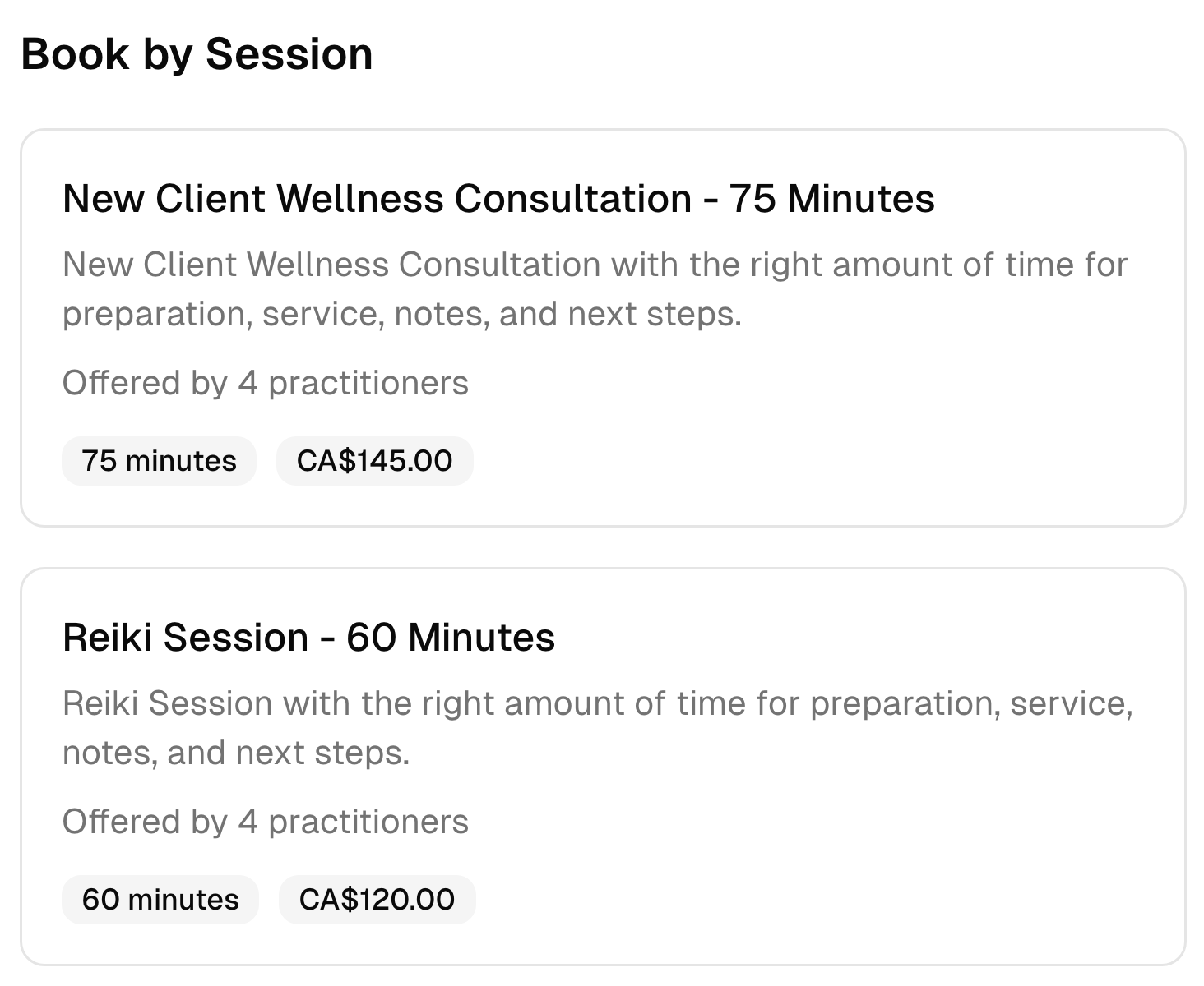 Two alternative therapy booking options with their descriptions, duration, team, and prices.