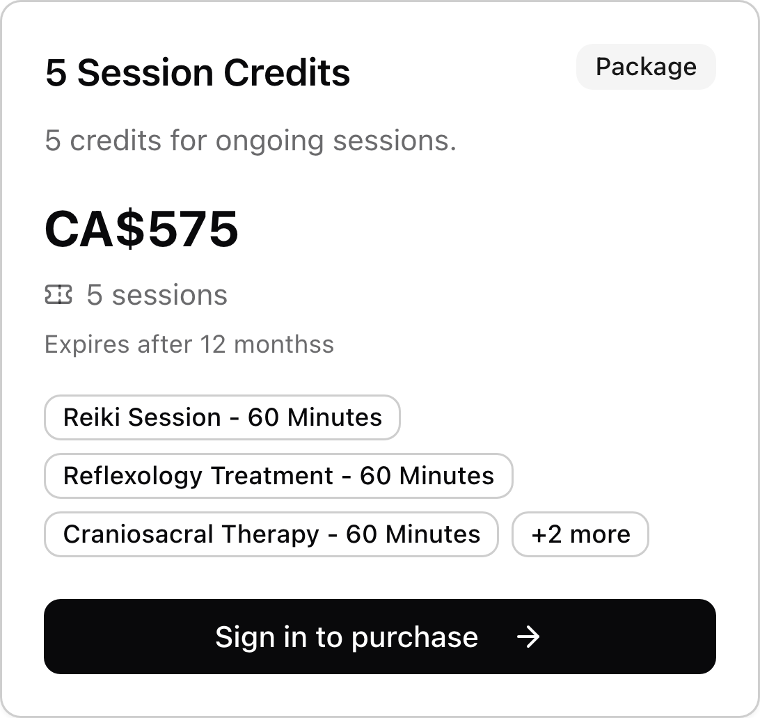 A alternative therapy credit package with price, included services, and purchase link.