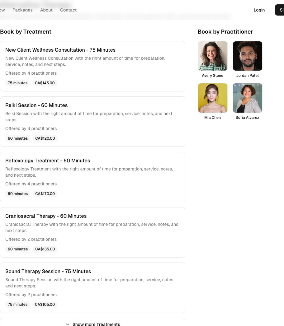 Alternative Therapy software showing online booking.