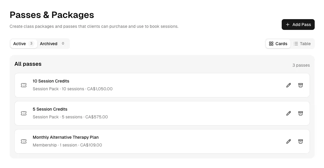Alternative Therapy software showing packages.