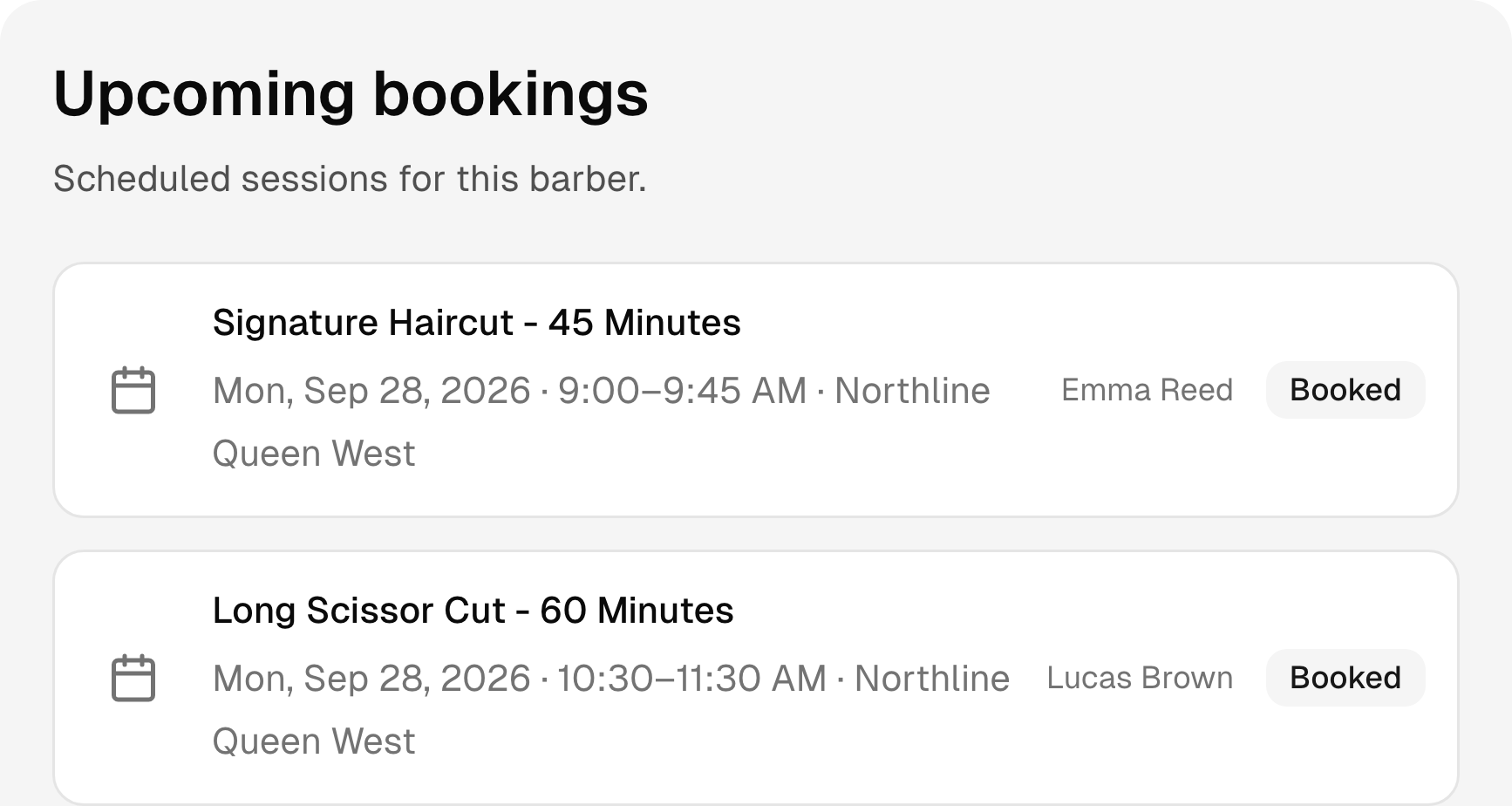 Upcoming barbers bookings with services, times, and status.
