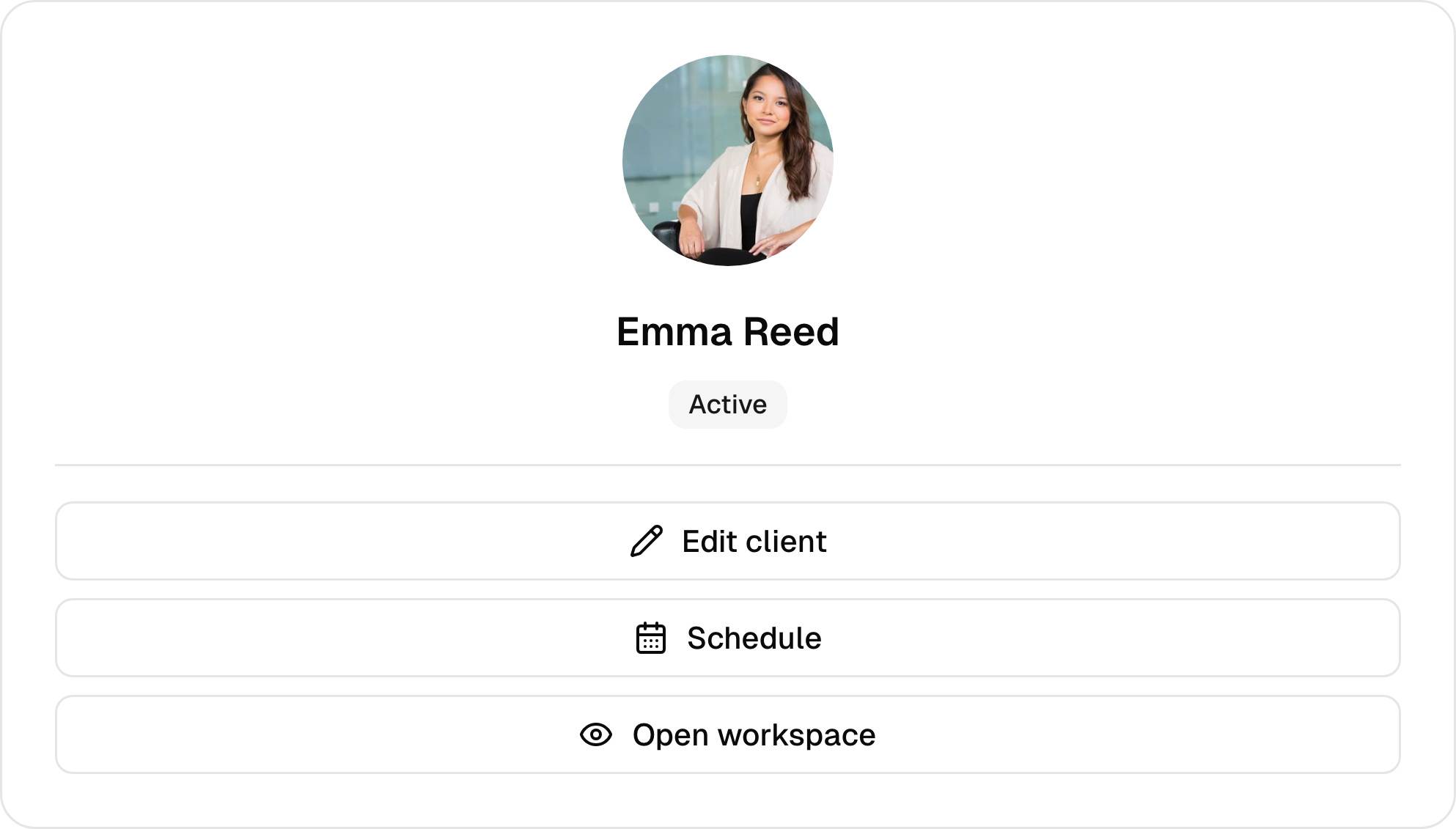 A sample barbers client profile with status, schedule, and workspace links.