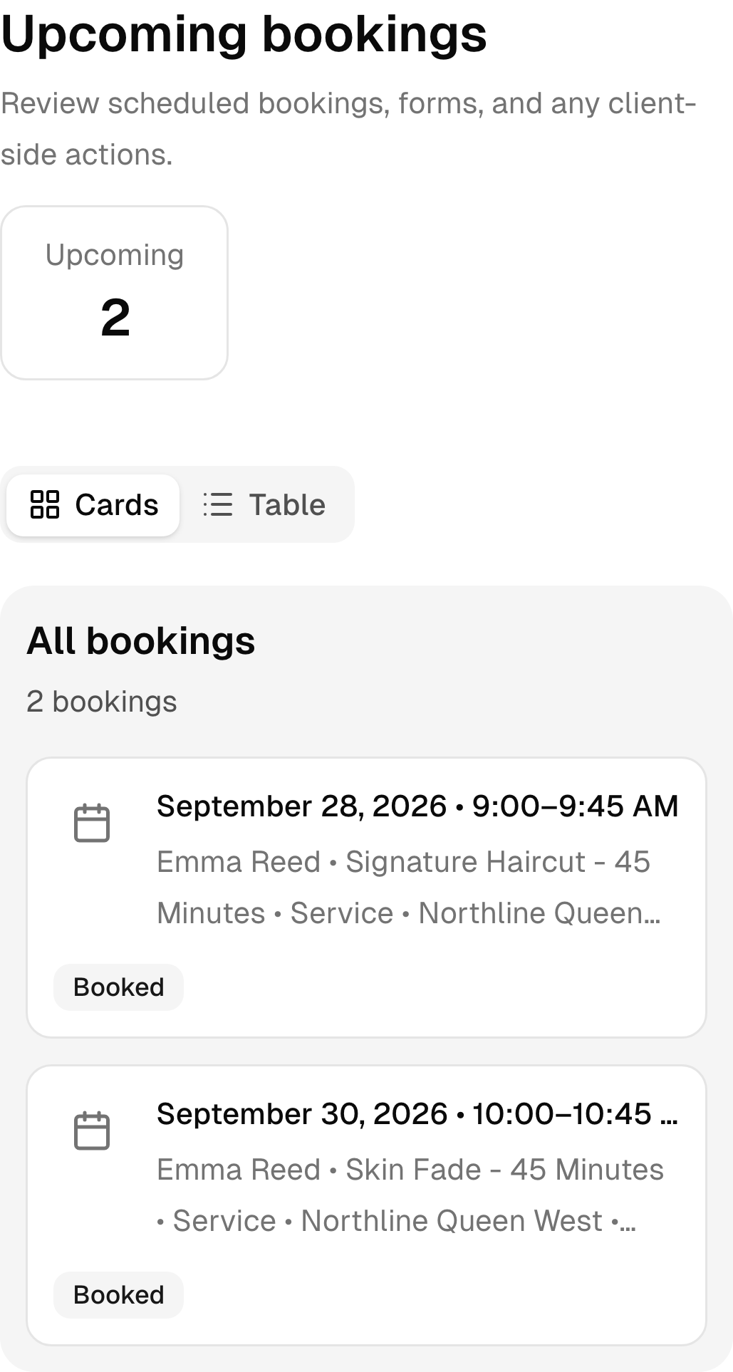 Upcoming barbers bookings in the real mobile client portal.