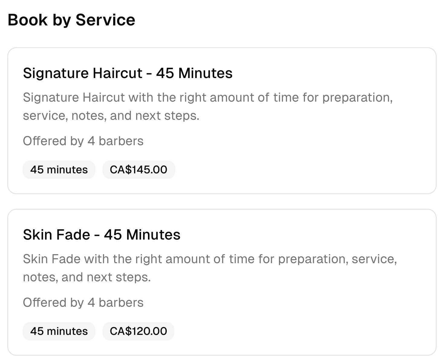 Two barbers booking options with their descriptions, duration, team, and prices.