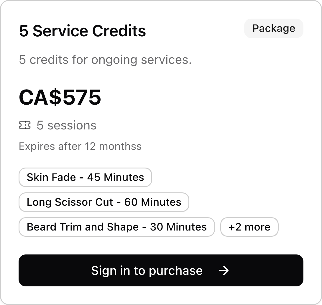 A barbers credit package with price, included services, and purchase link.