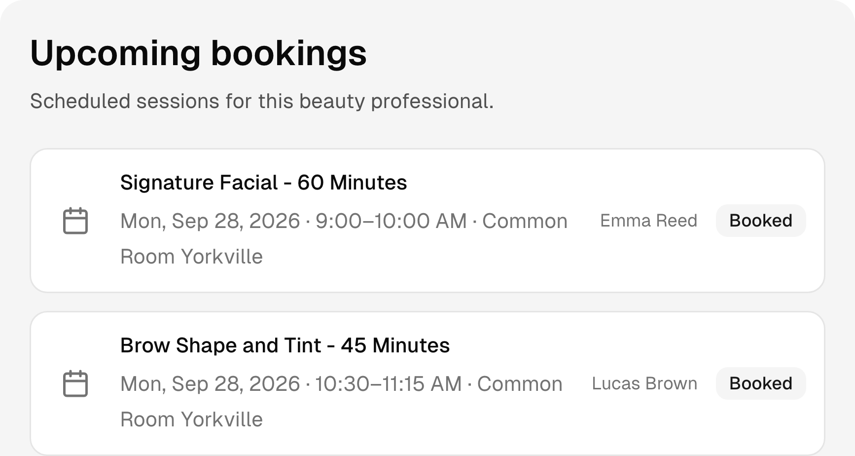Upcoming beauty salon bookings with services, times, and status.