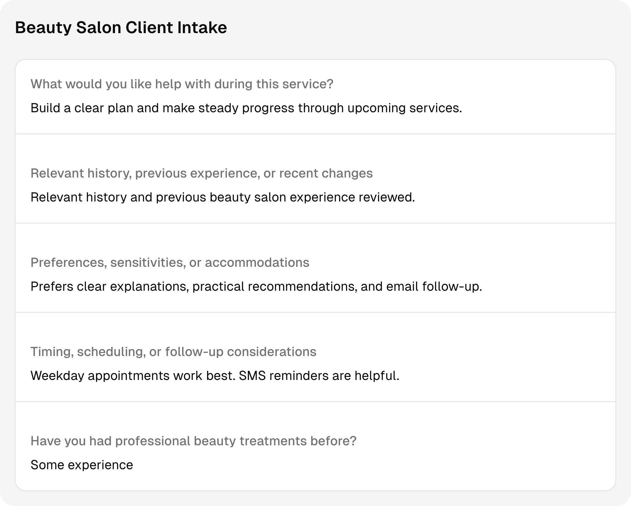Completed beauty salon intake questions and answers using sample client information.