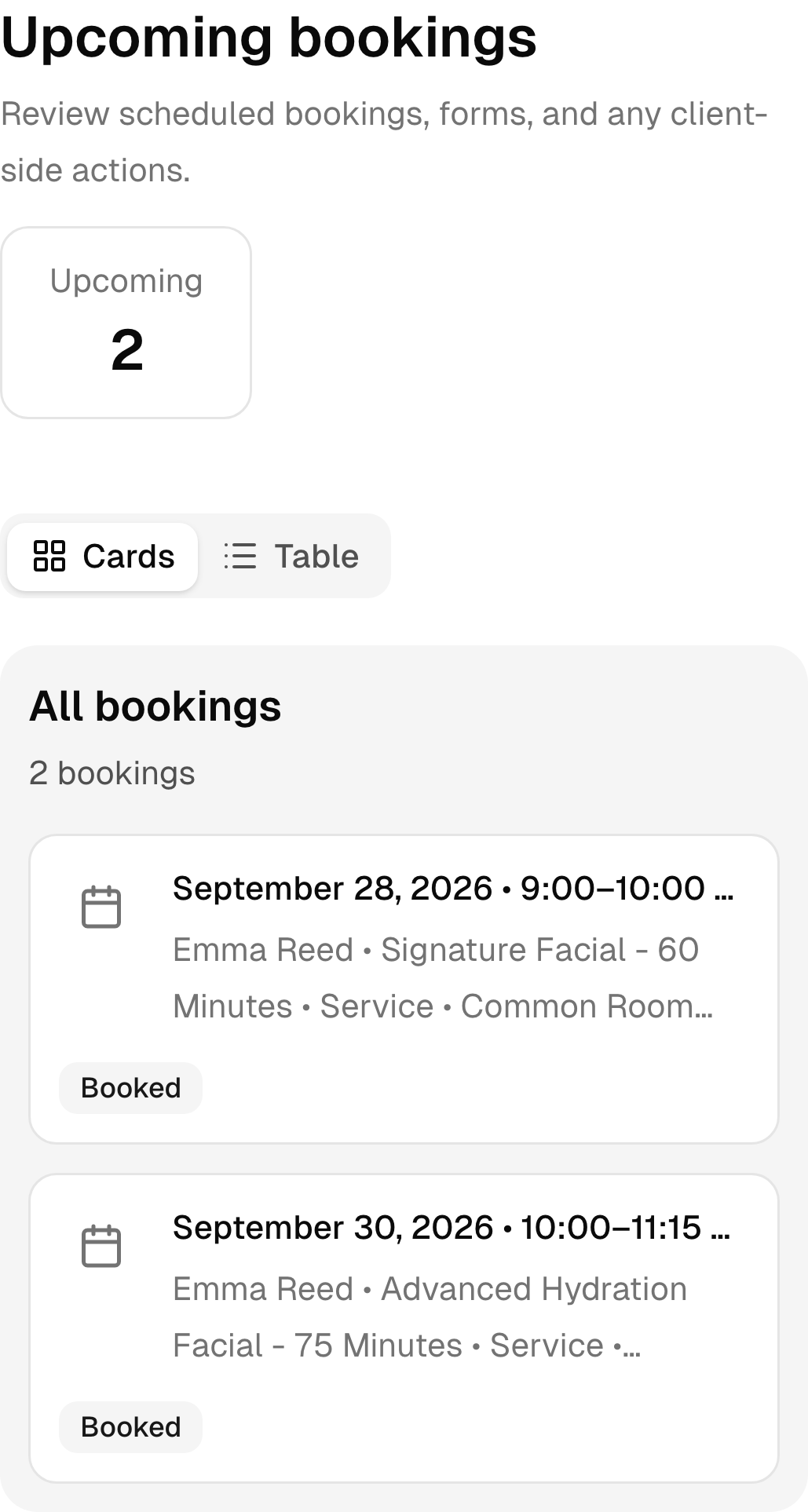 Upcoming beauty salon bookings in the real mobile client portal.