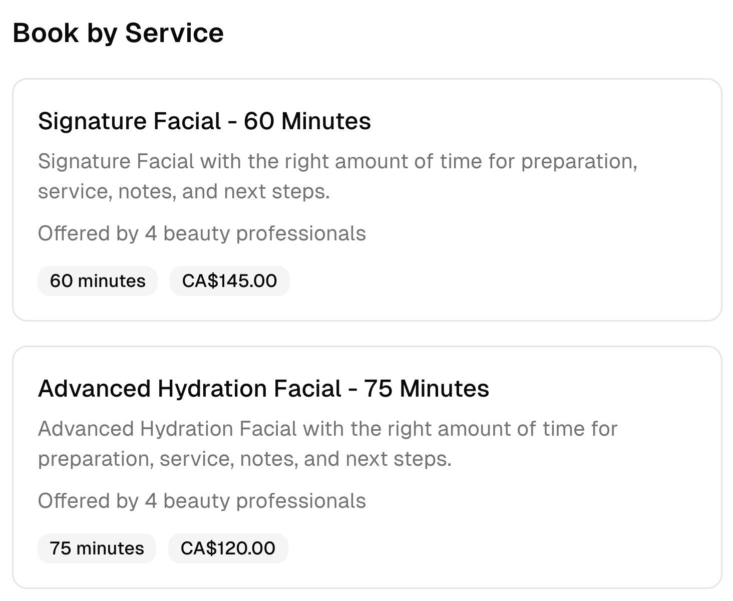 Two beauty salon booking options with their descriptions, duration, team, and prices.