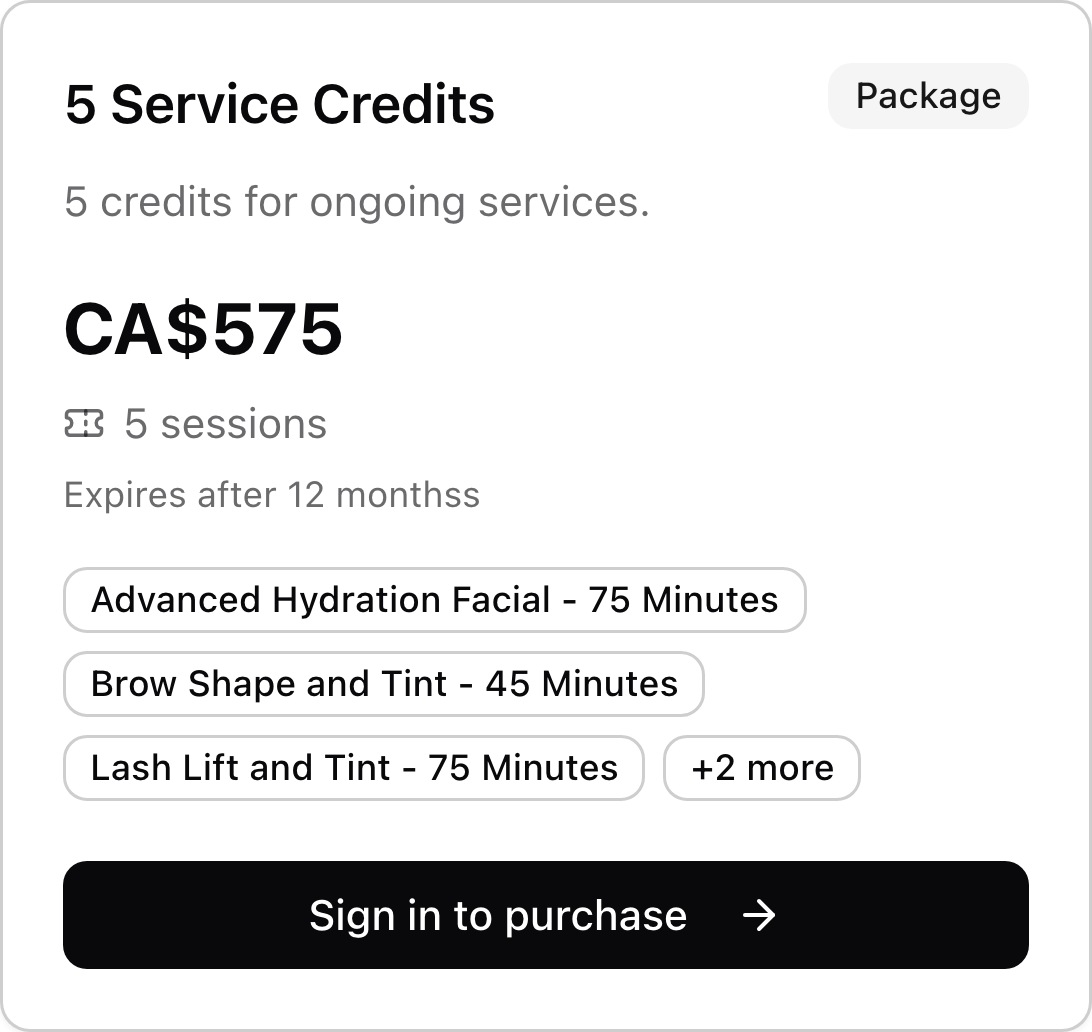 A beauty salon credit package with price, included services, and purchase link.