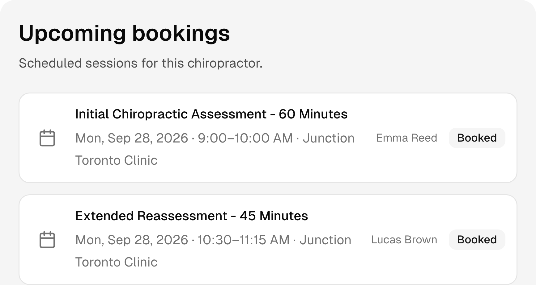Upcoming chiropractic bookings with services, times, and status.