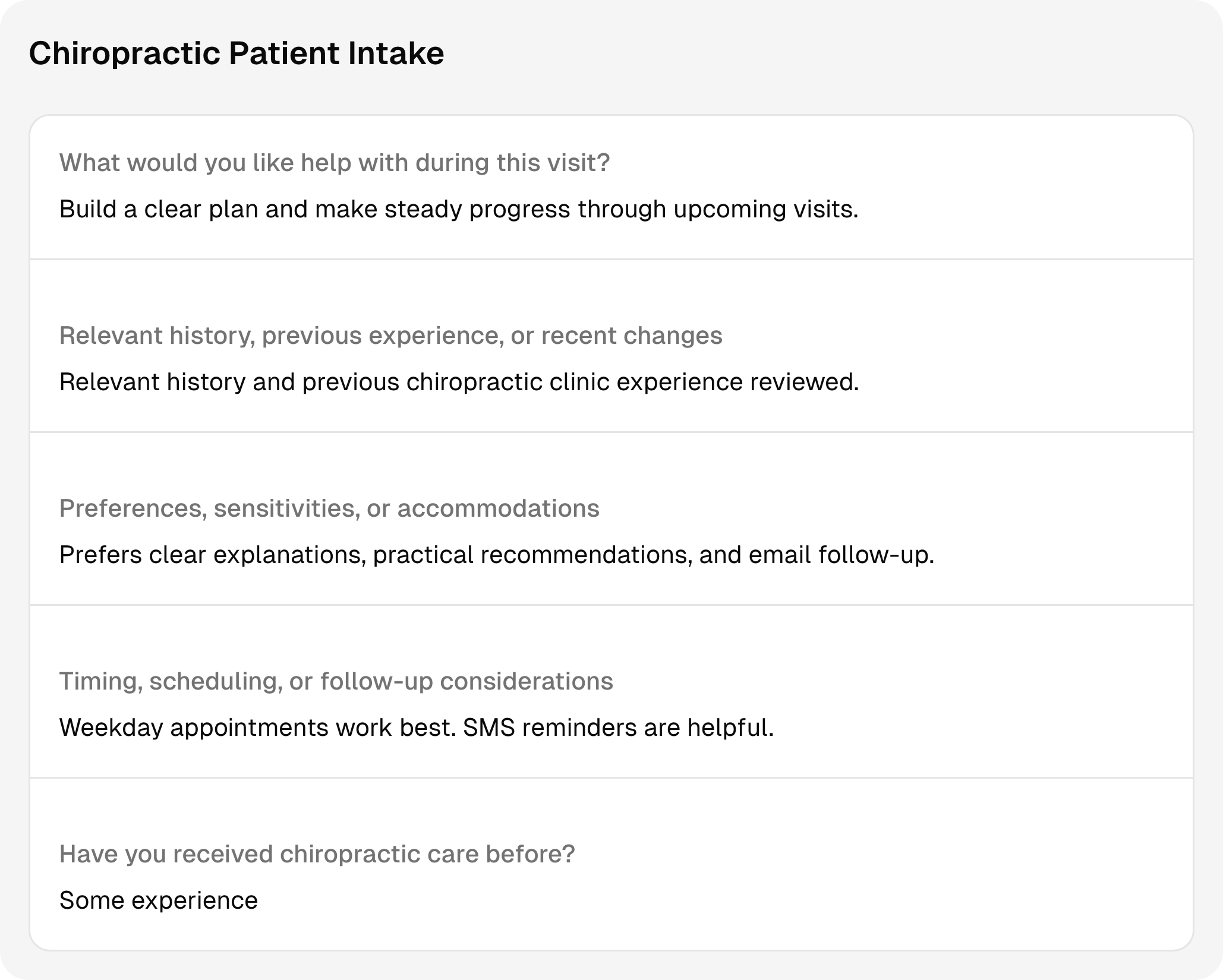 Completed chiropractic intake questions and answers using sample client information.
