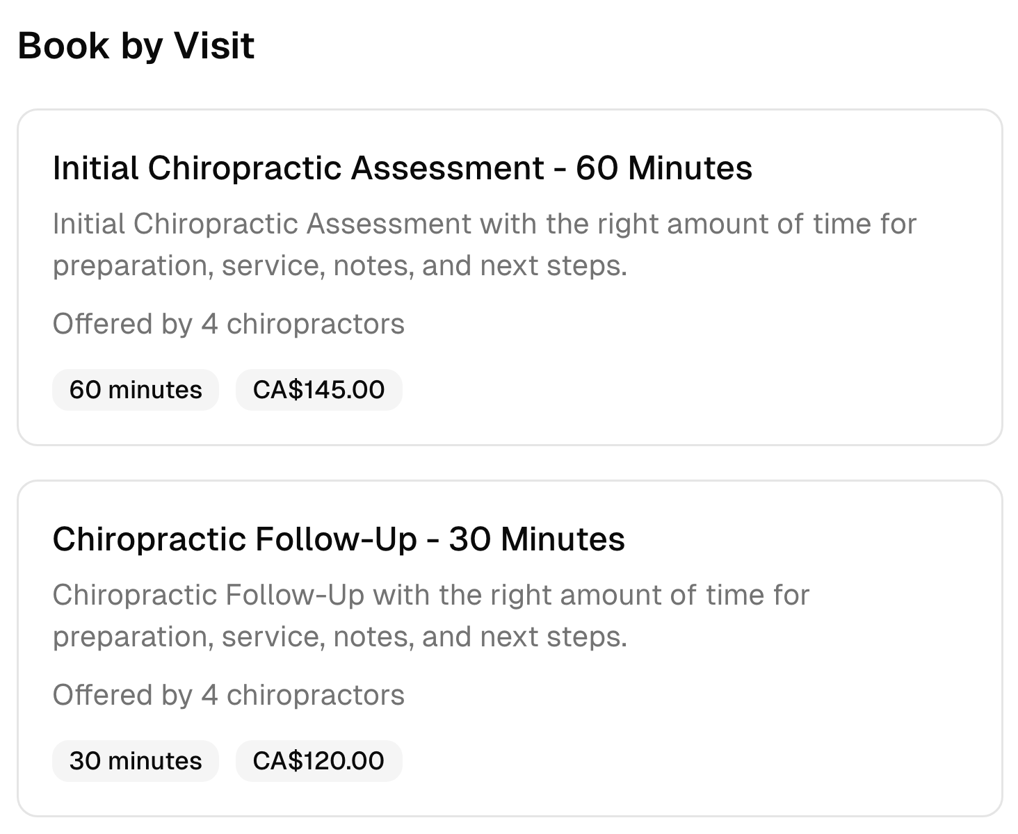 Two chiropractic booking options with their descriptions, duration, team, and prices.