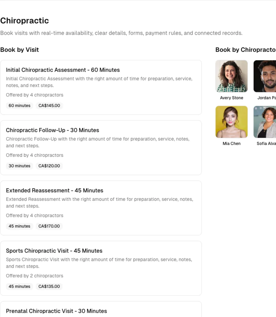 Chiropractic software showing online booking.