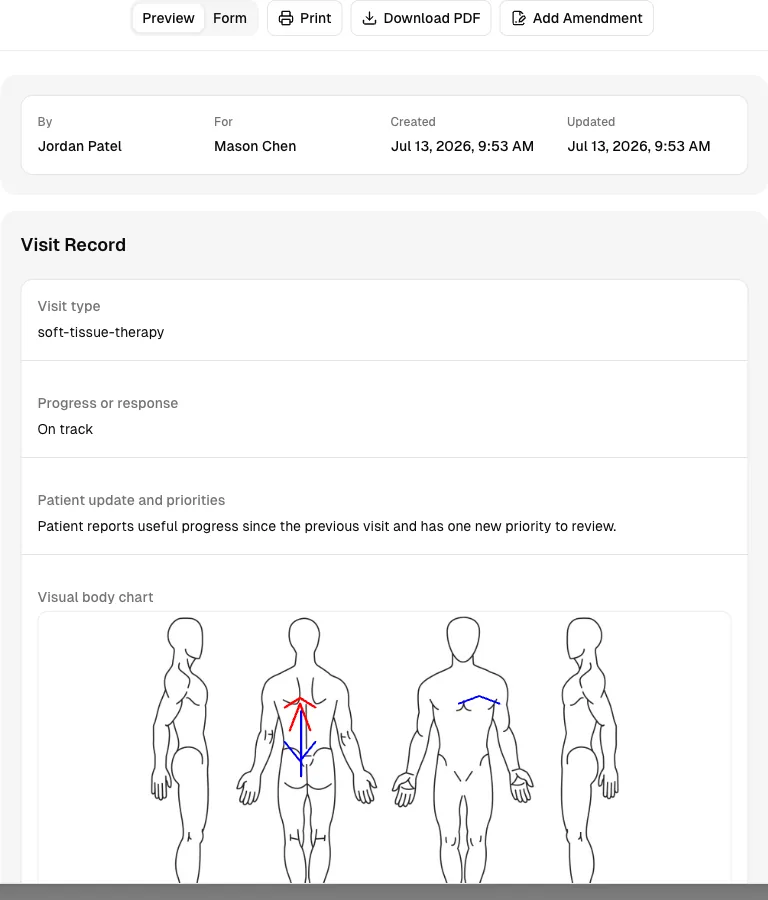 Chiropractic software showing record.