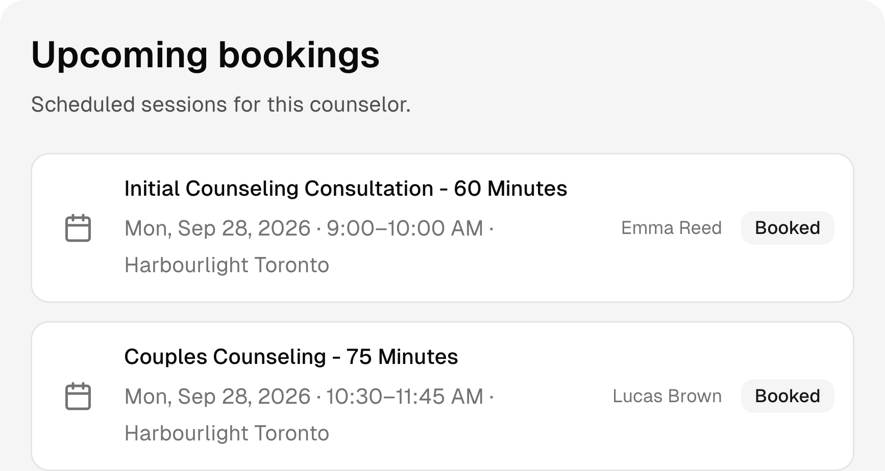 Upcoming counseling bookings with services, times, and status.