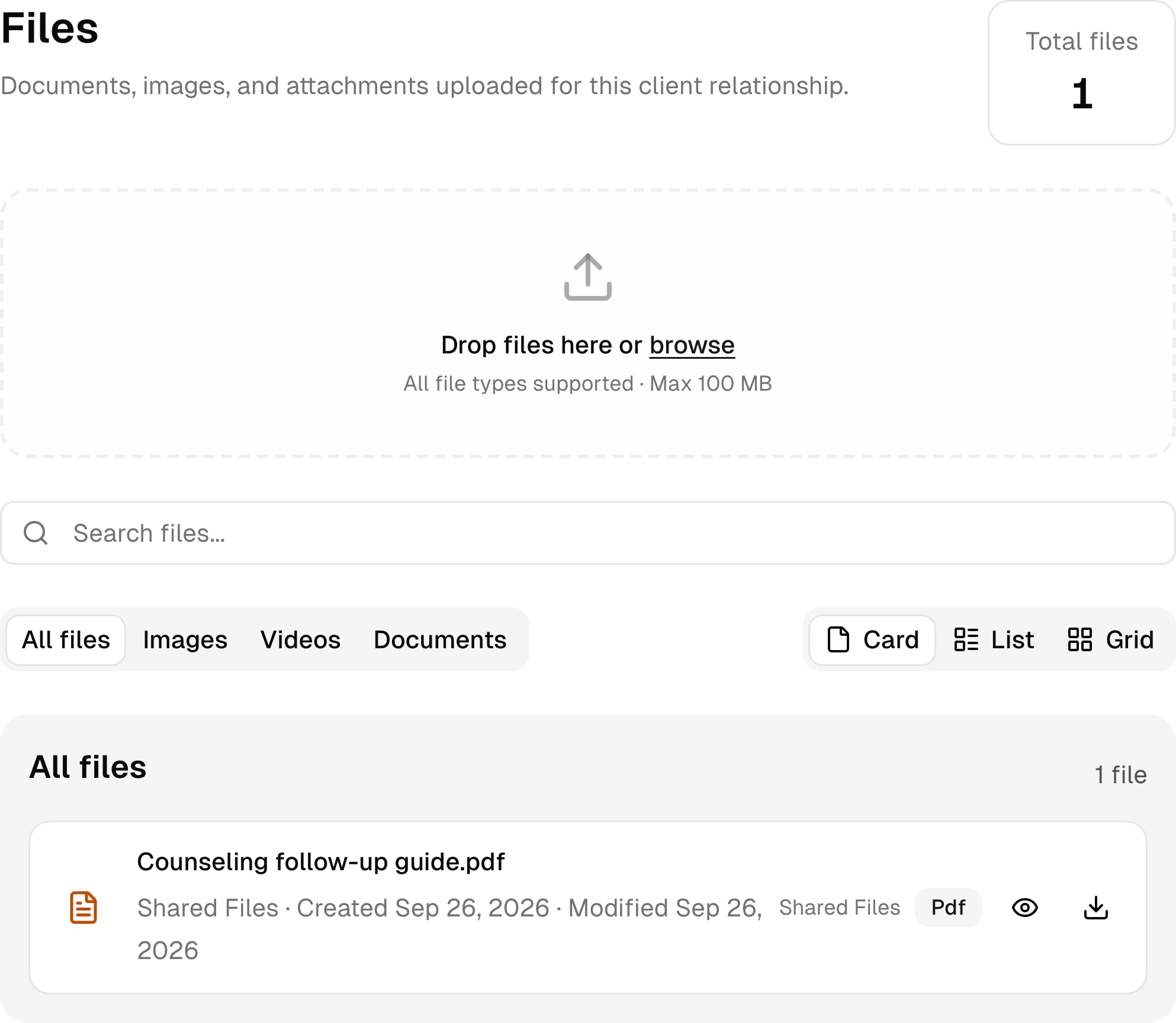 Documents and shared files in a sample counseling client workspace.