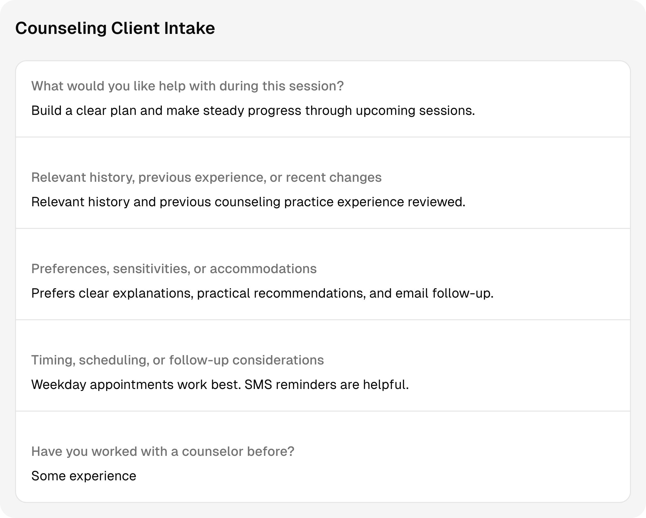 Completed counseling intake questions and answers using sample client information.