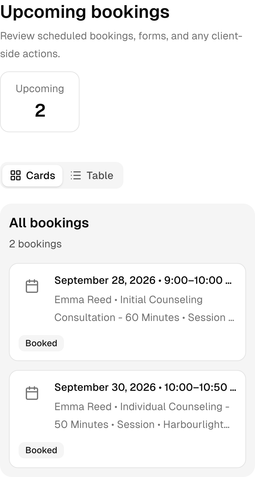 Upcoming counseling bookings in the real mobile client portal.