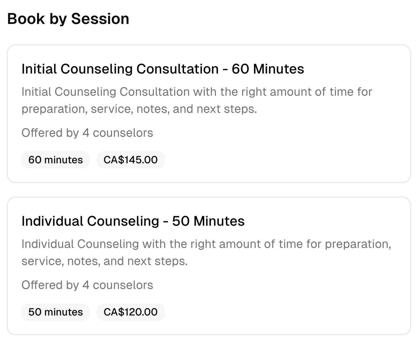 Two counseling booking options with their descriptions, duration, team, and prices.