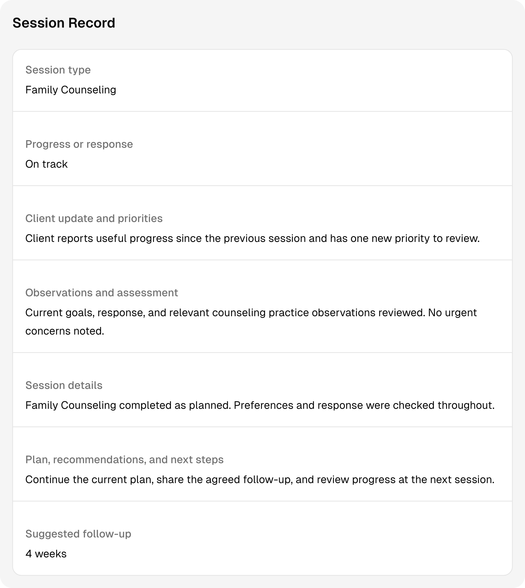 A completed counseling session record with sample notes and follow-up context.