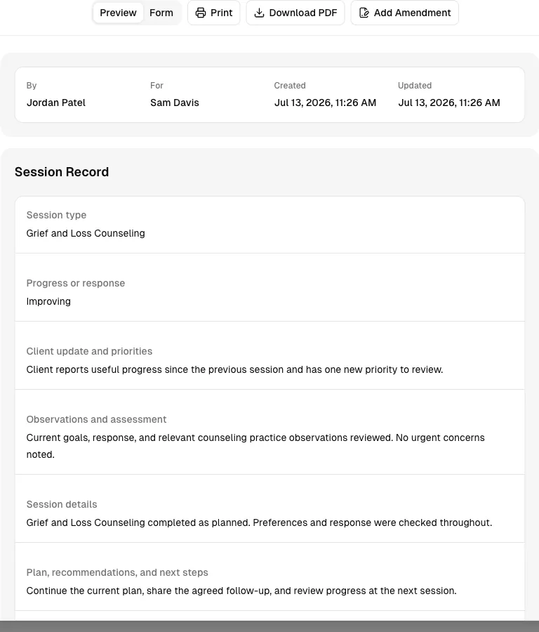 Counseling software showing record.