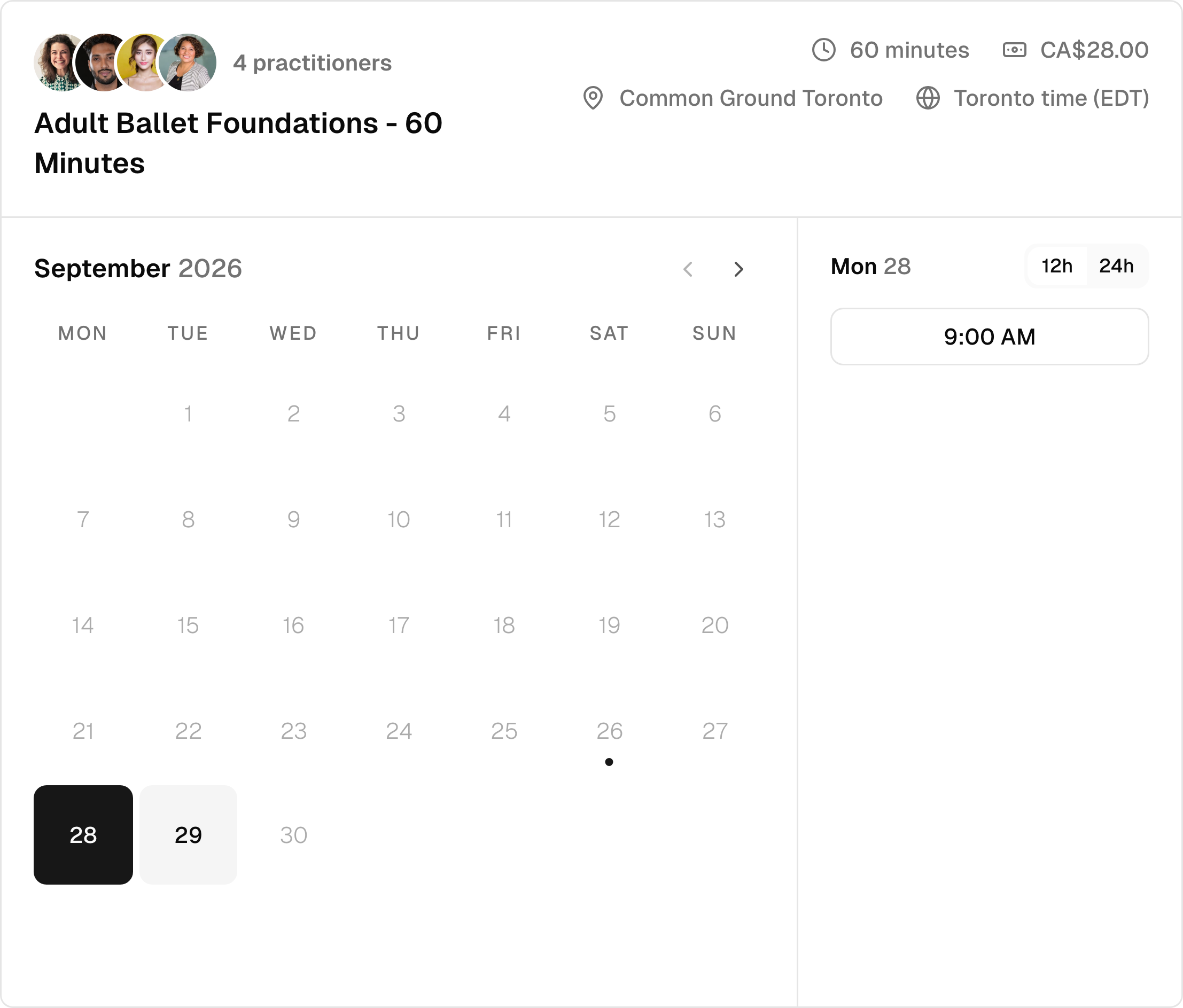The real monthly booking calendar for Adult Ballet Foundations, with a date and available class time selected.