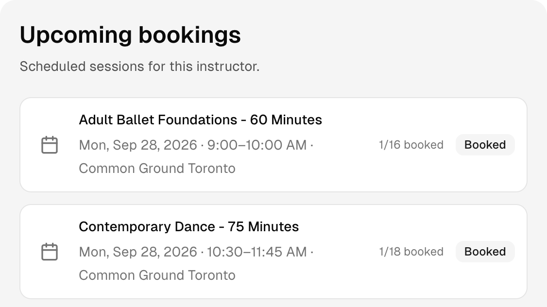 Upcoming ballet and contemporary classes with their times, location, booking counts, and status.
