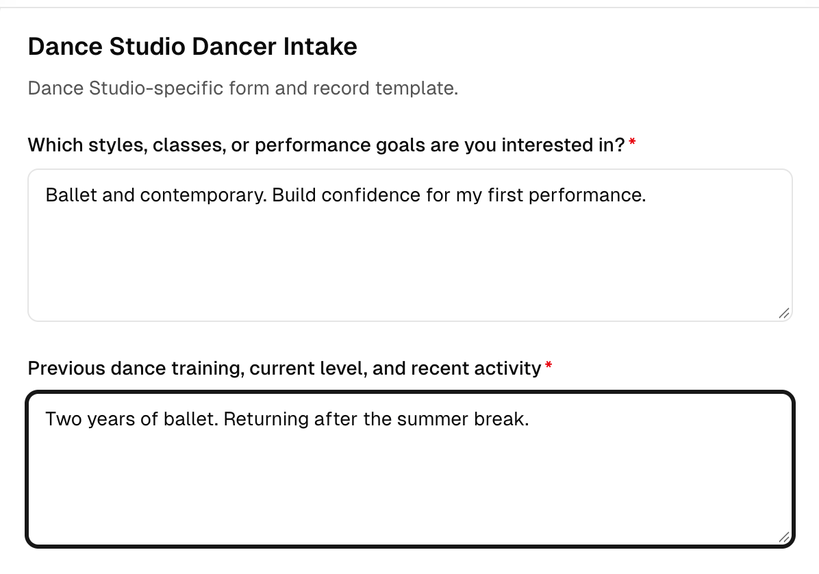 A dancer intake form with dance goals and previous training filled in using sample information.