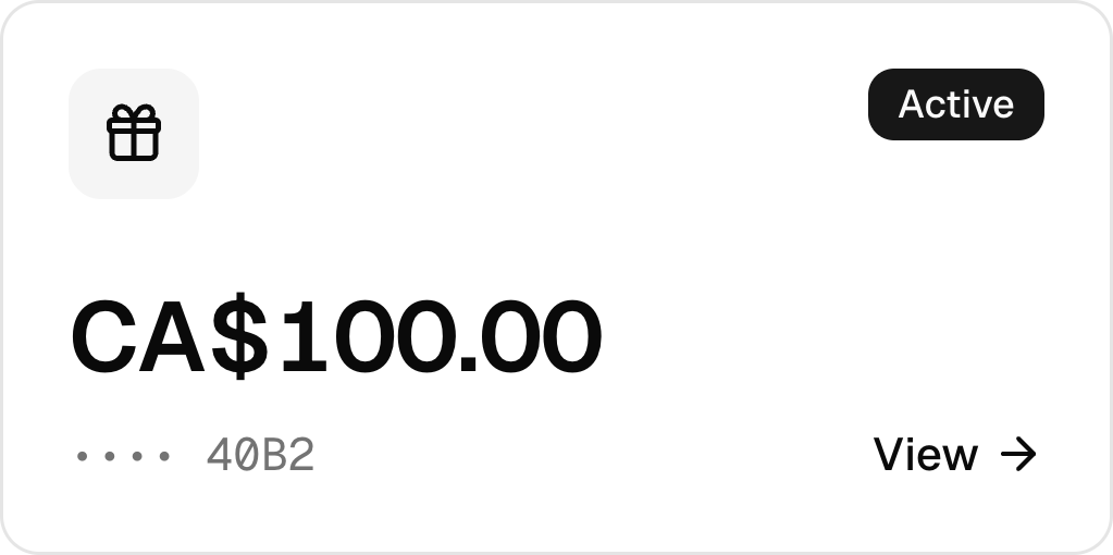 A sample dancer’s gift card showing its available balance and link to view the card.