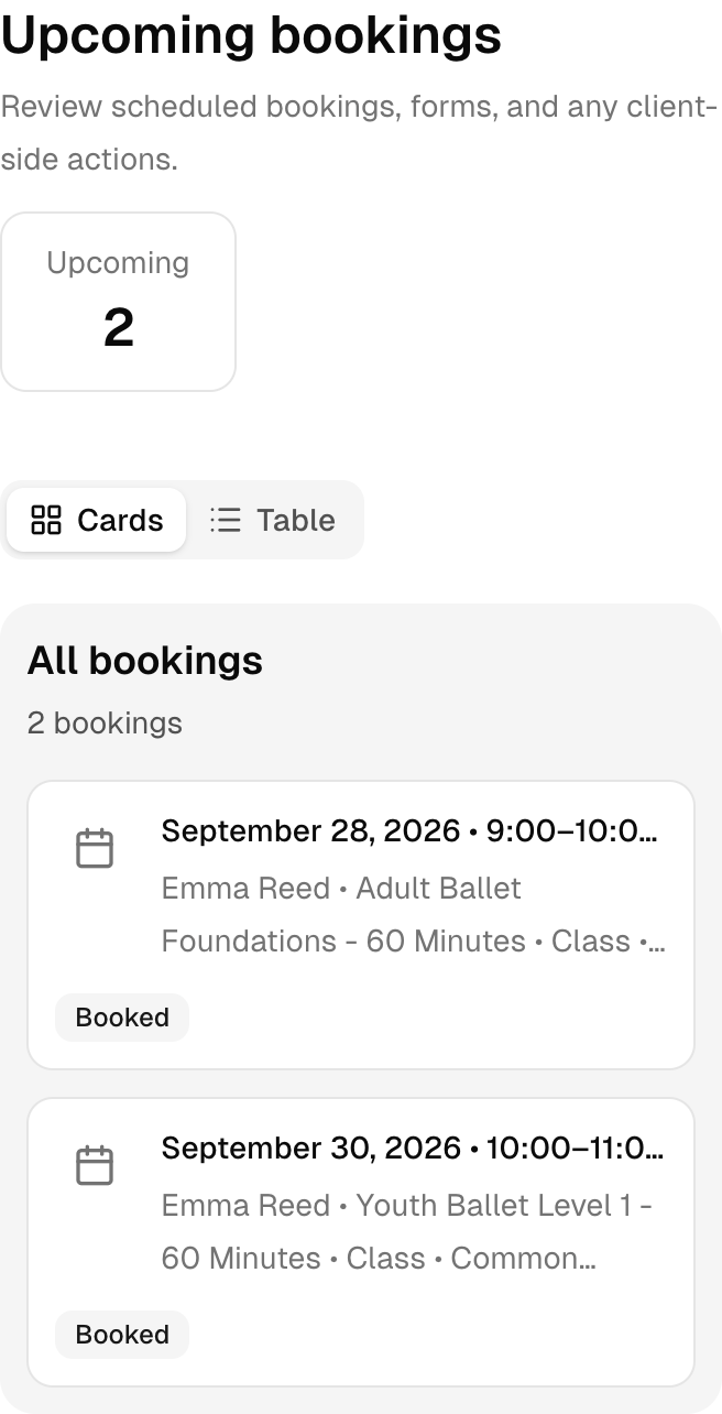 The dancer portal on a phone, showing Emma’s upcoming ballet bookings.