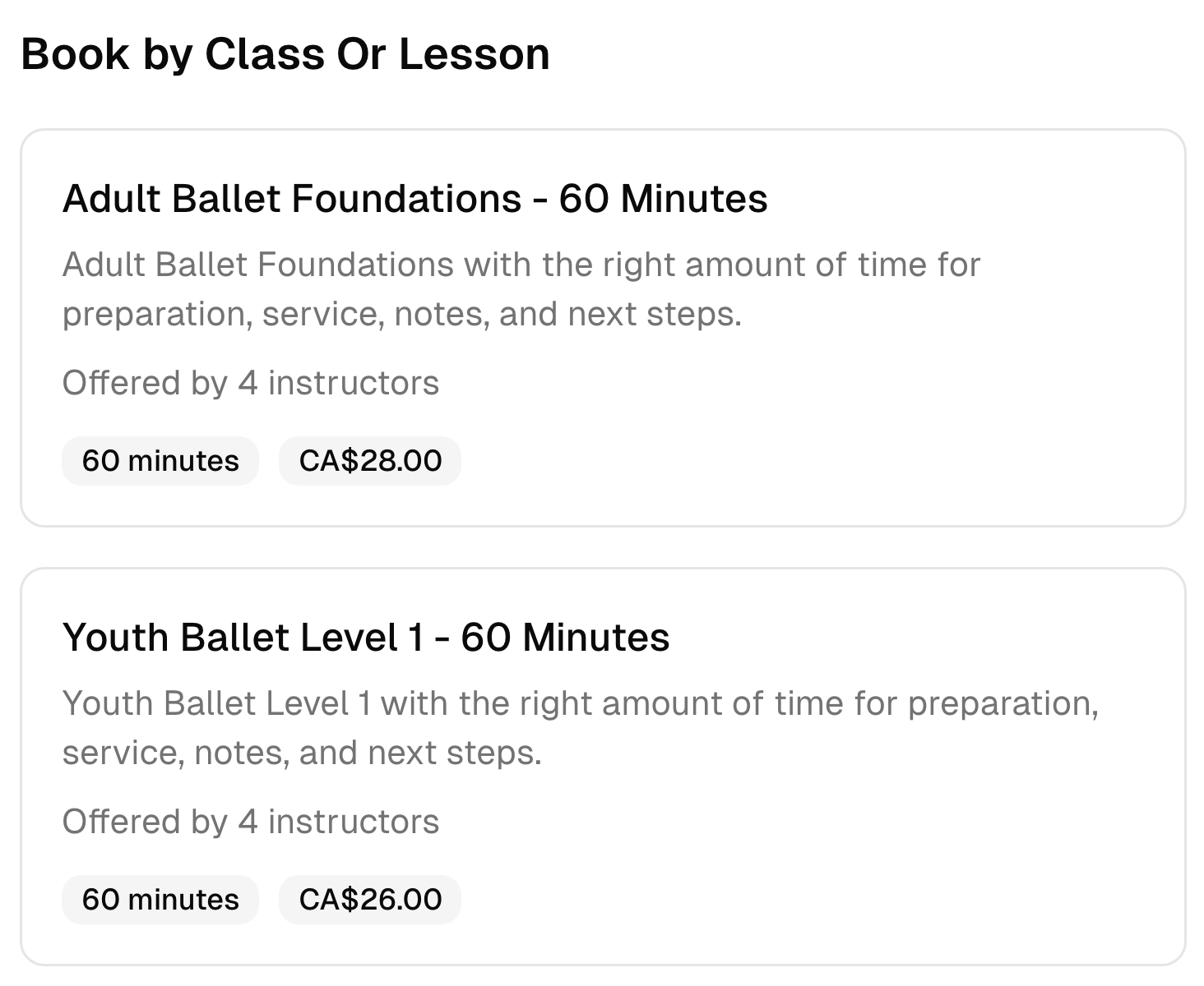 Real Bookify booking cards for adult ballet and youth ballet, with duration, instructors, and price.