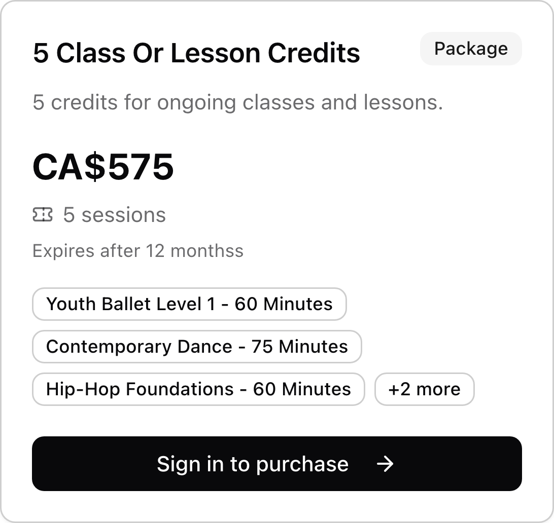 A class credit package with its price, included dance classes, and purchase button.