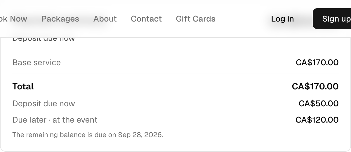 A real checkout payment summary showing the deposit and remaining balance for a sample booking.
