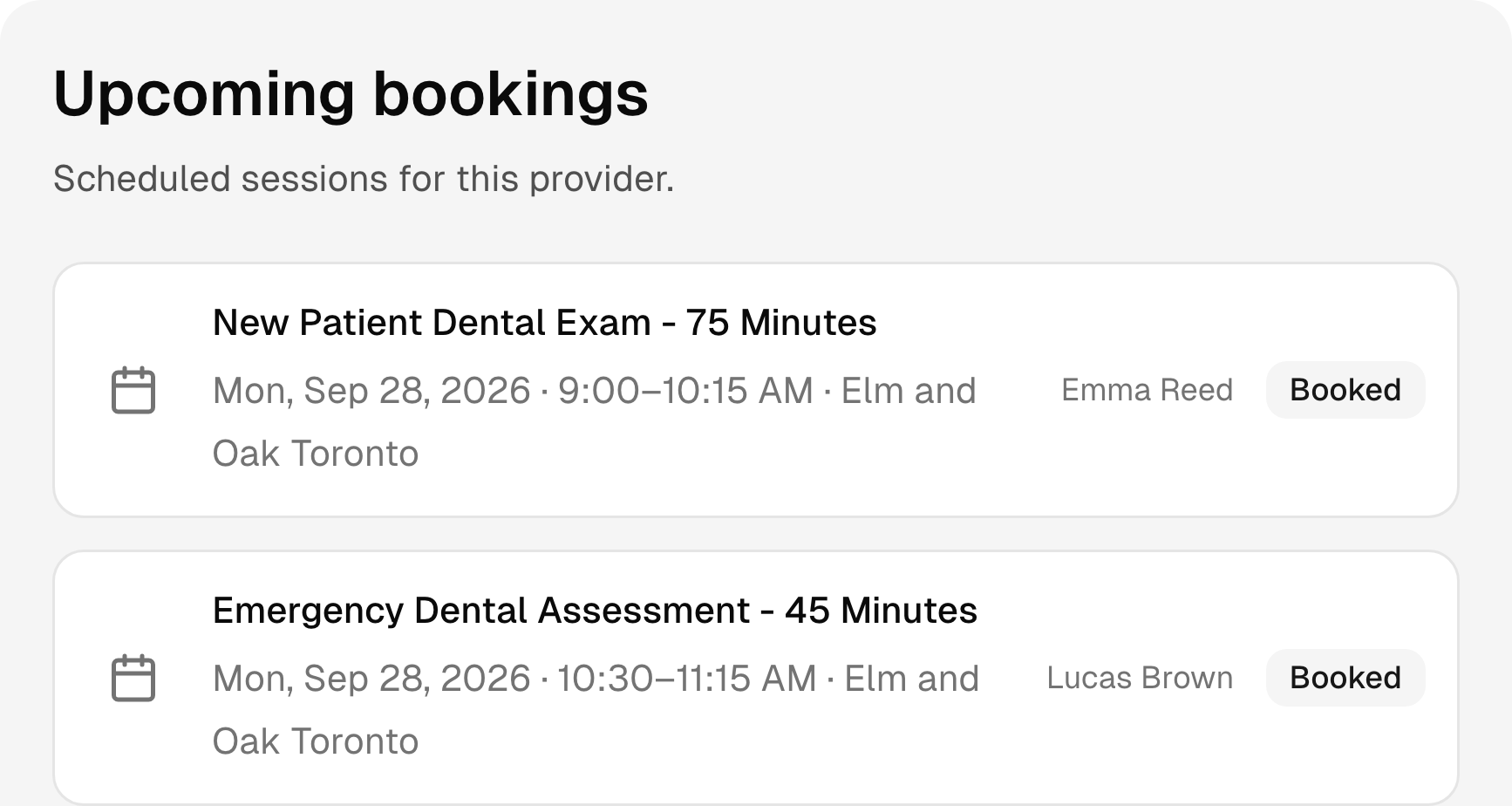Upcoming dental practice bookings with services, times, and status.